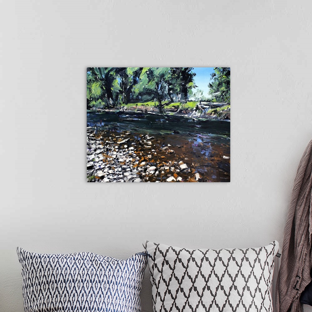 A bohemian room featuring Contemporary palette knife painting of a rocky creek in Montana.