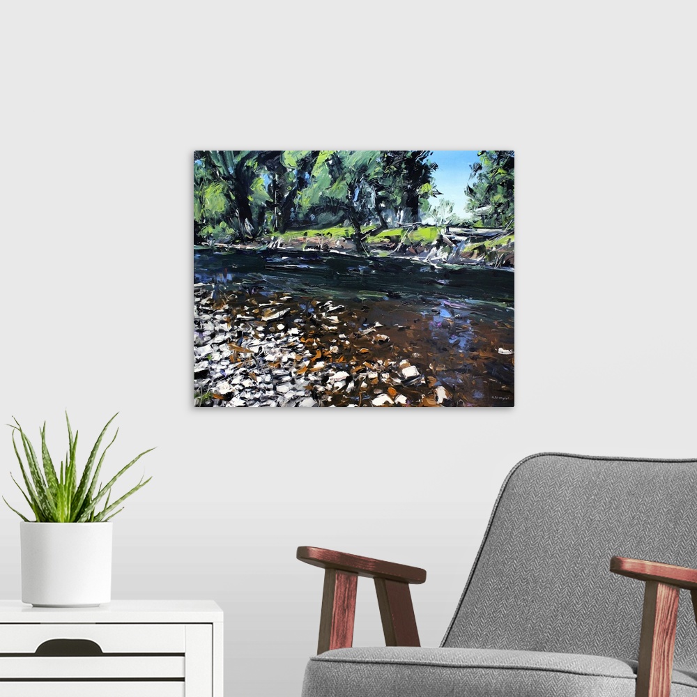 A modern room featuring Contemporary palette knife painting of a rocky creek in Montana.