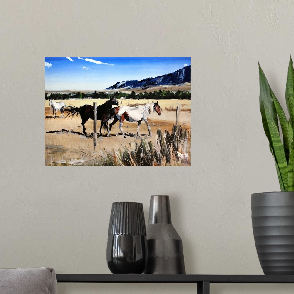 A modern room featuring A pair of horses playing in a fenced in coral on a Montana countryside.
