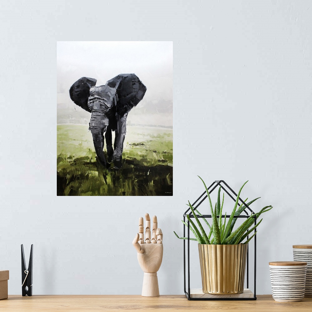 A bohemian room featuring Contemporary palette knife painting of large elephant on an African plains.