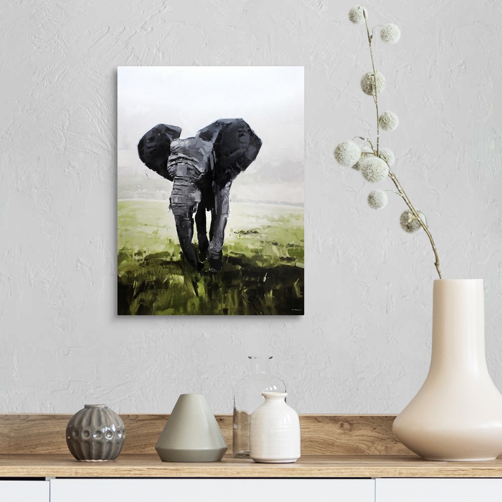 A farmhouse room featuring Contemporary palette knife painting of large elephant on an African plains.