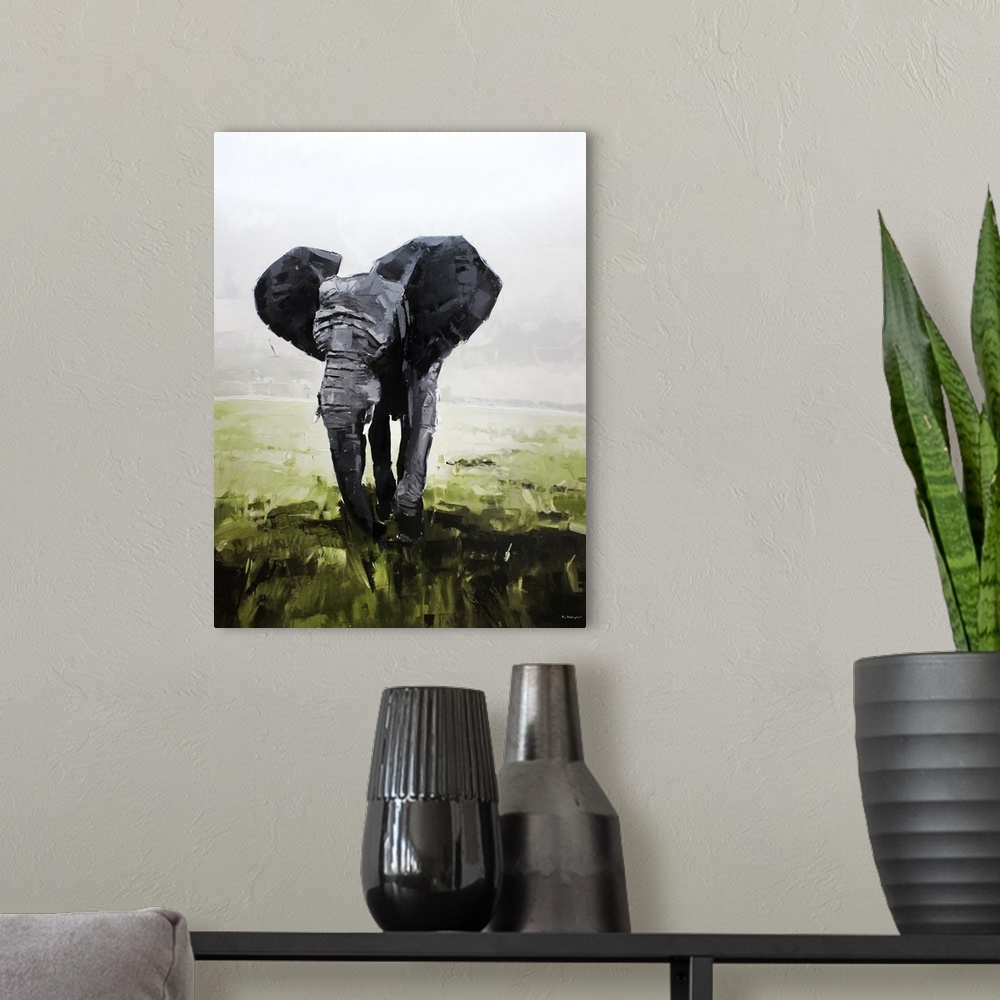 A modern room featuring Contemporary palette knife painting of large elephant on an African plains.
