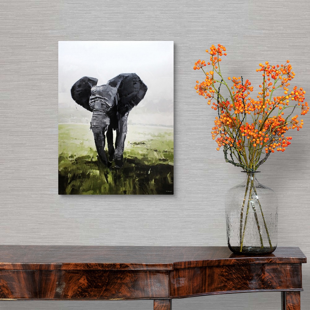 A traditional room featuring Contemporary palette knife painting of large elephant on an African plains.