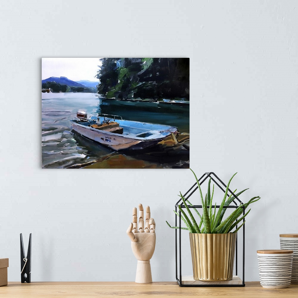 A bohemian room featuring A contemporary painting of a fishing boat docked in a harbor.