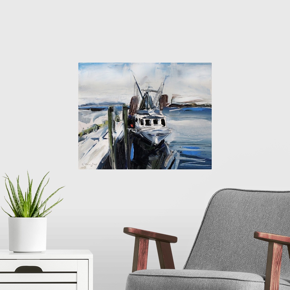 A modern room featuring A contemporary painting of a fishing boat docked in a harbor.