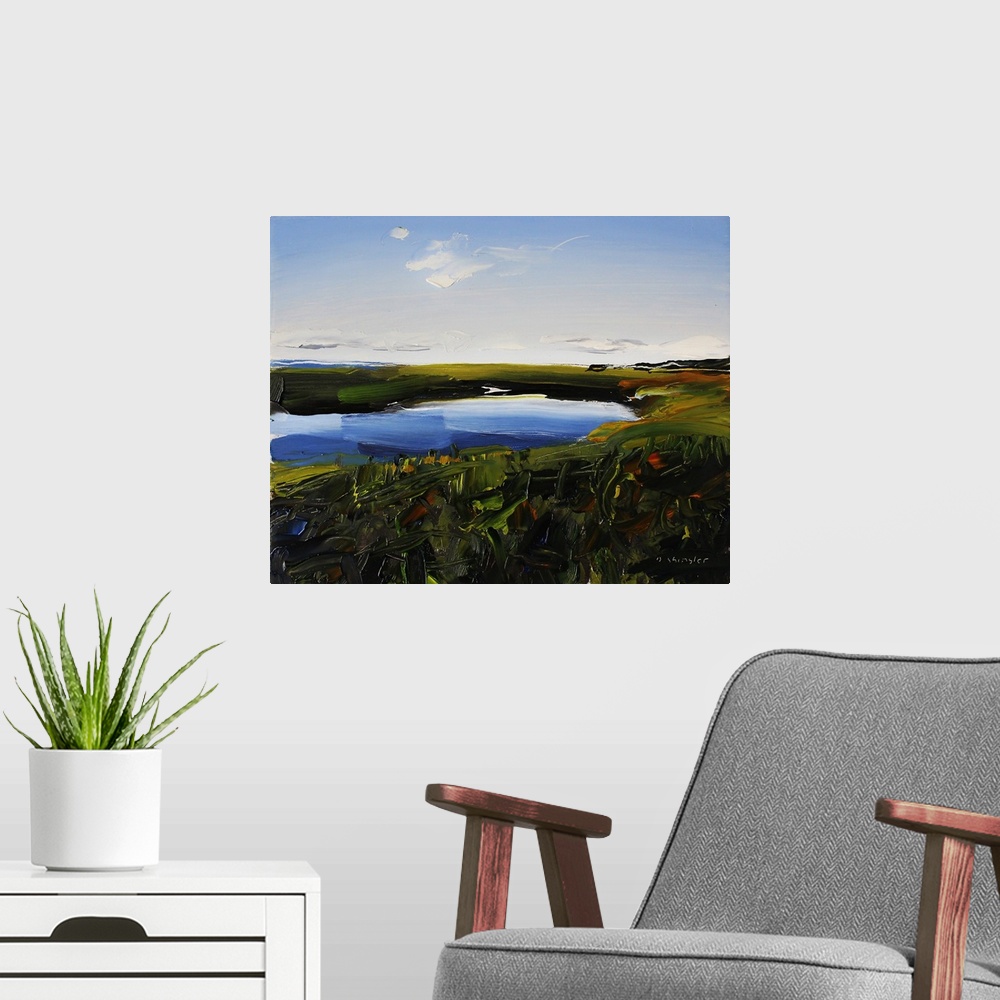 A modern room featuring A contemporary painting of a body of water surrounded by a green field.
