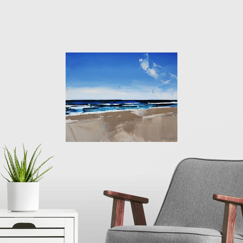 A modern room featuring Contemporary painting of a view starring out at the sea from a beach.