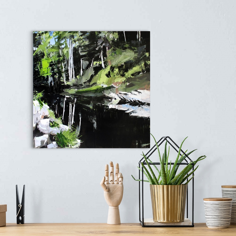 A bohemian room featuring Contemporary palette knife painting of Mitchell river in North Carolina, with thick, leaf covered...