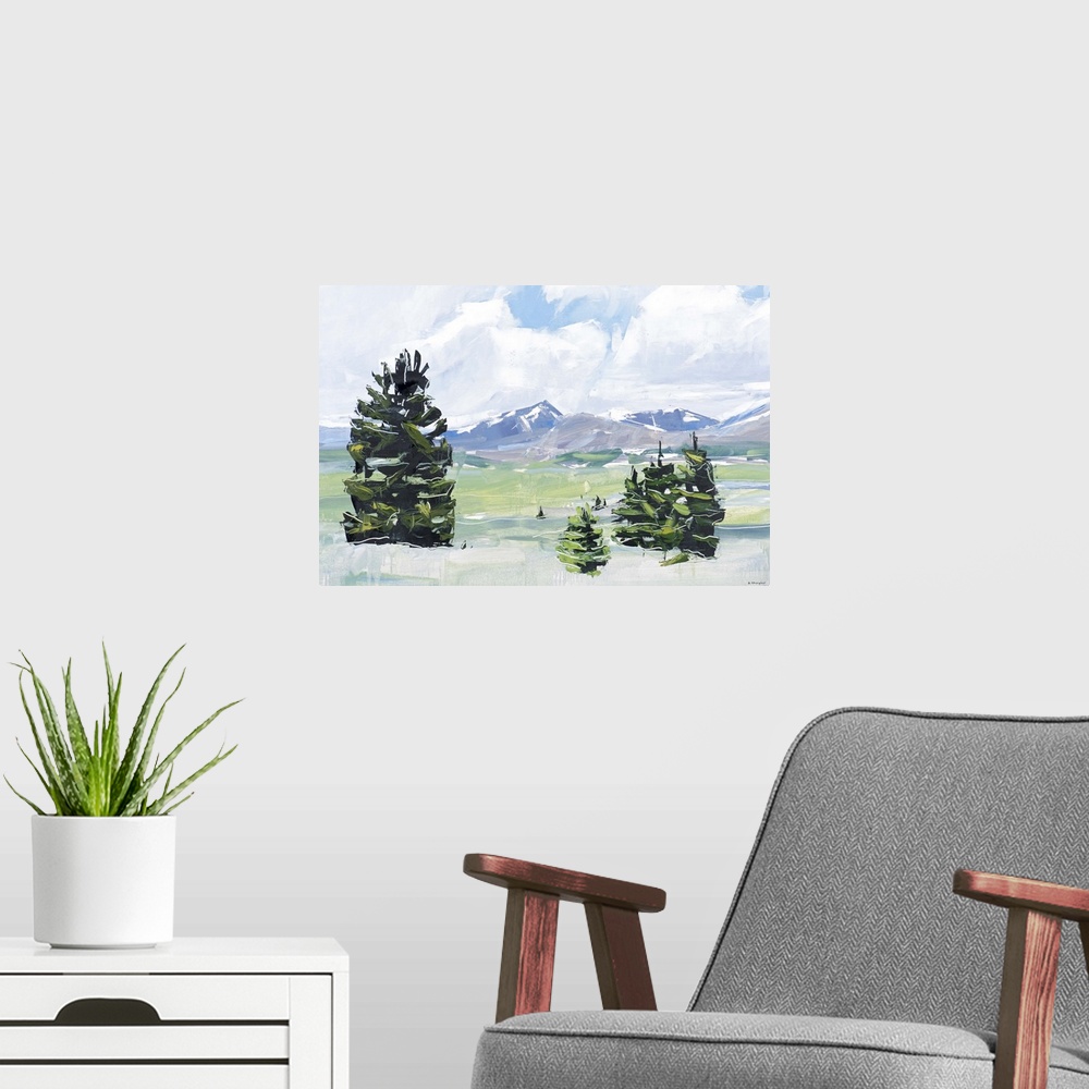 A modern room featuring Contemporary painting of a landscape with trees in the foreground and mountain peaks in the dista...