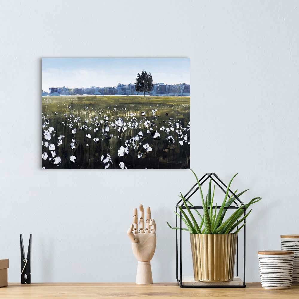 A bohemian room featuring Contemporary painting of a cotton field in the countryside.