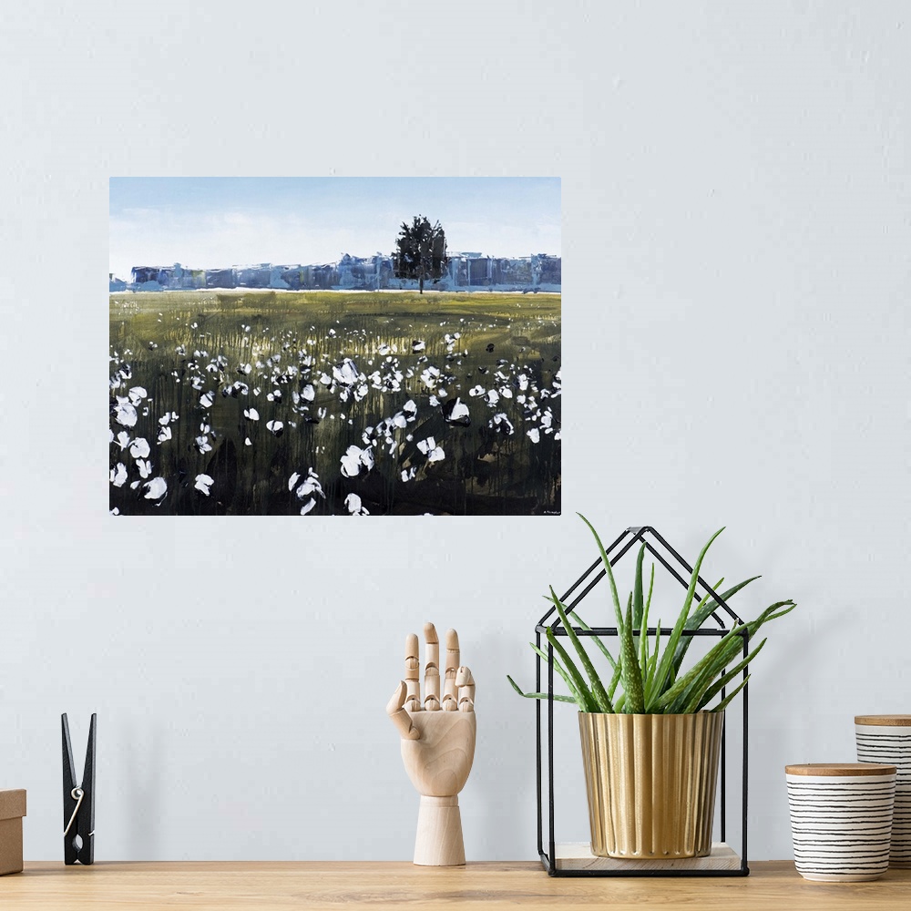 A bohemian room featuring Contemporary painting of a cotton field in the countryside.