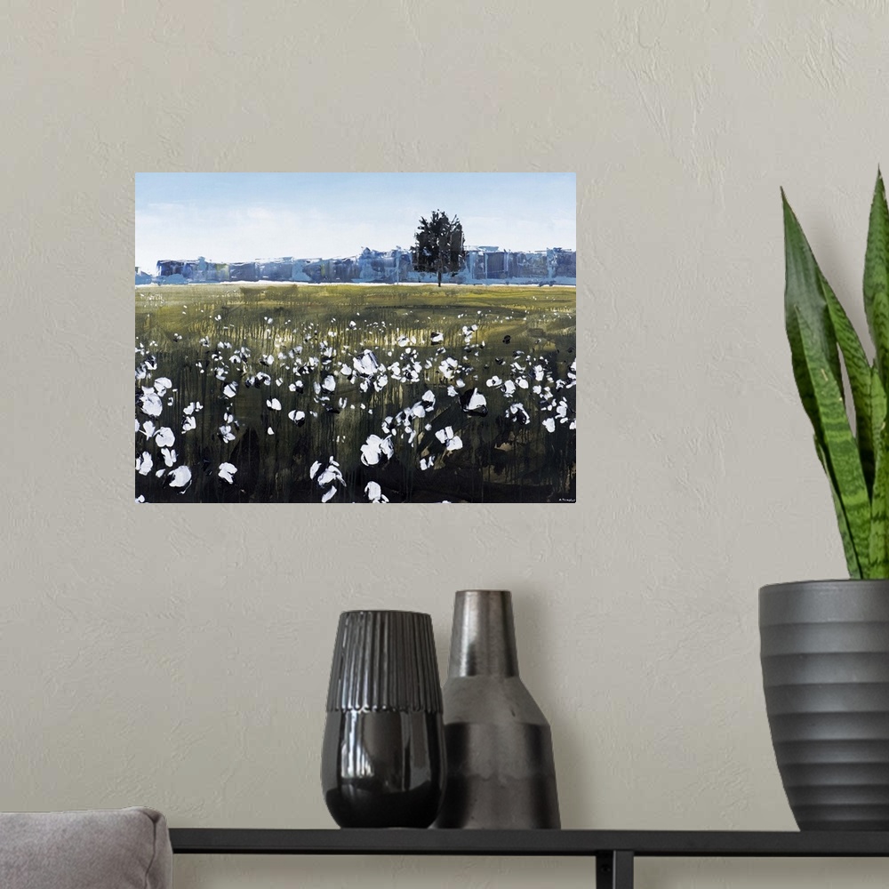A modern room featuring Contemporary painting of a cotton field in the countryside.