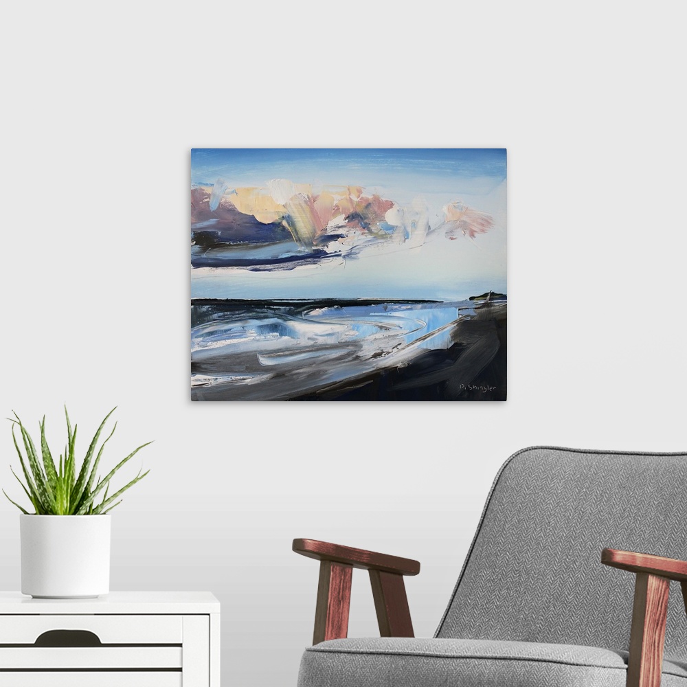 A modern room featuring Contemporary painting of a view starring out at the sea from a beach.