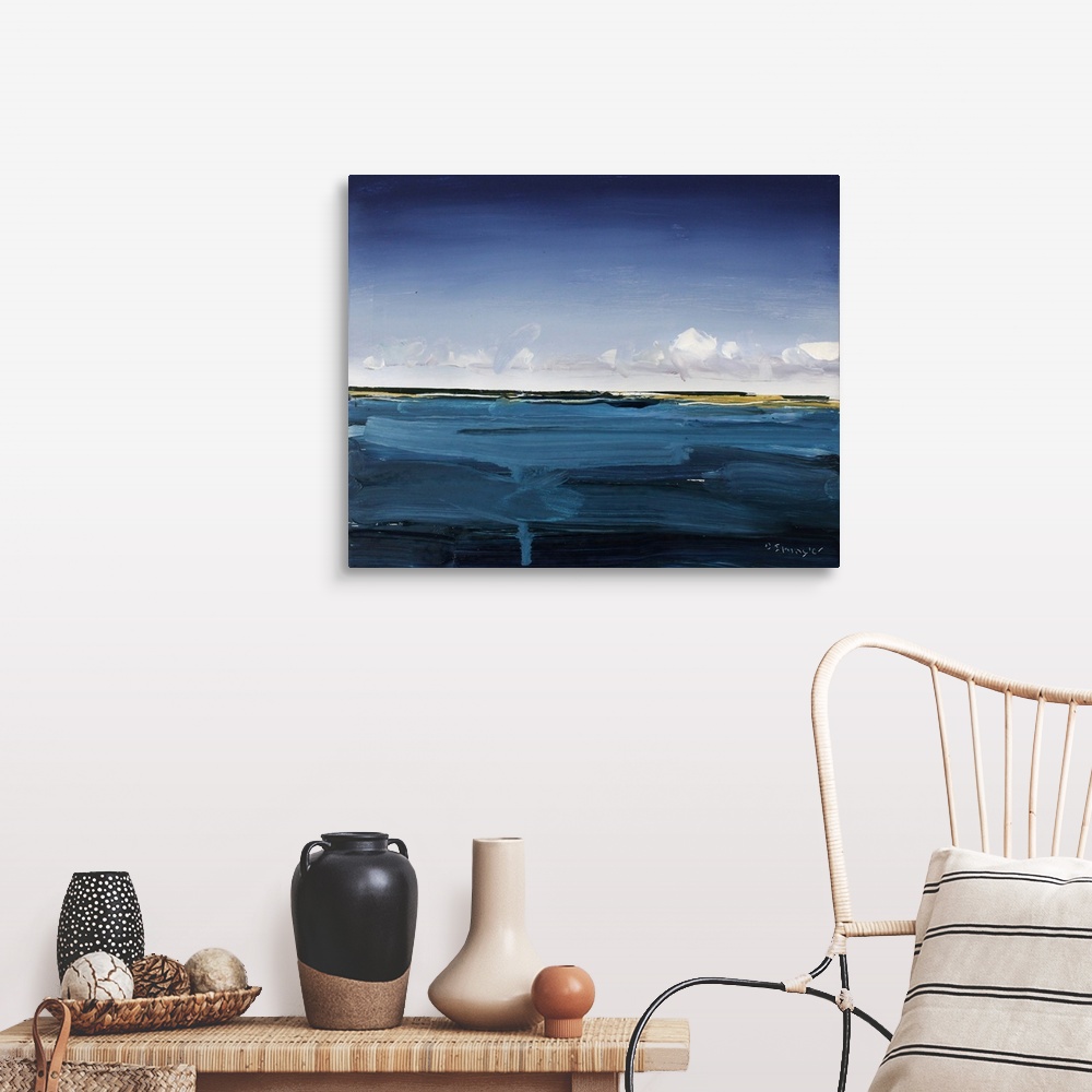 A farmhouse room featuring Contemporary painting of a view starring out at the sea from a beach.