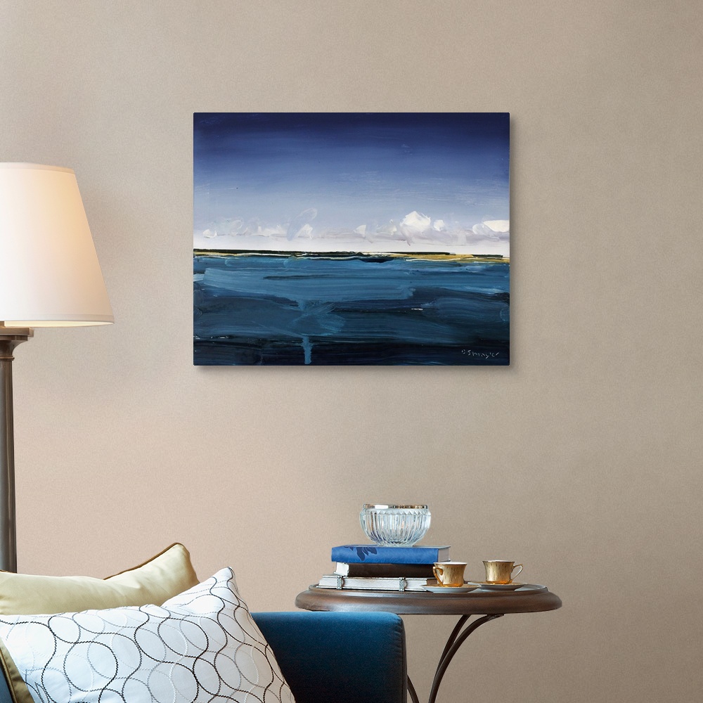 A traditional room featuring Contemporary painting of a view starring out at the sea from a beach.