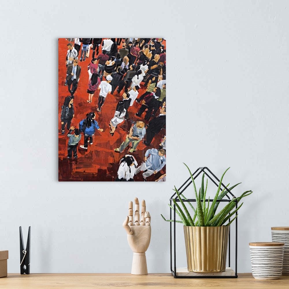 A bohemian room featuring Contemporary painting of a view of people standing on a red carpet from above.