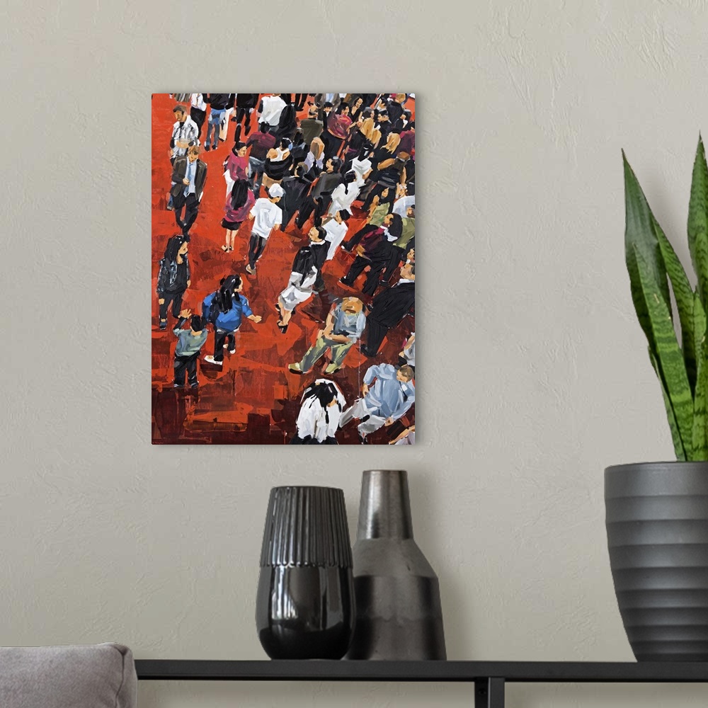A modern room featuring Contemporary painting of a view of people standing on a red carpet from above.