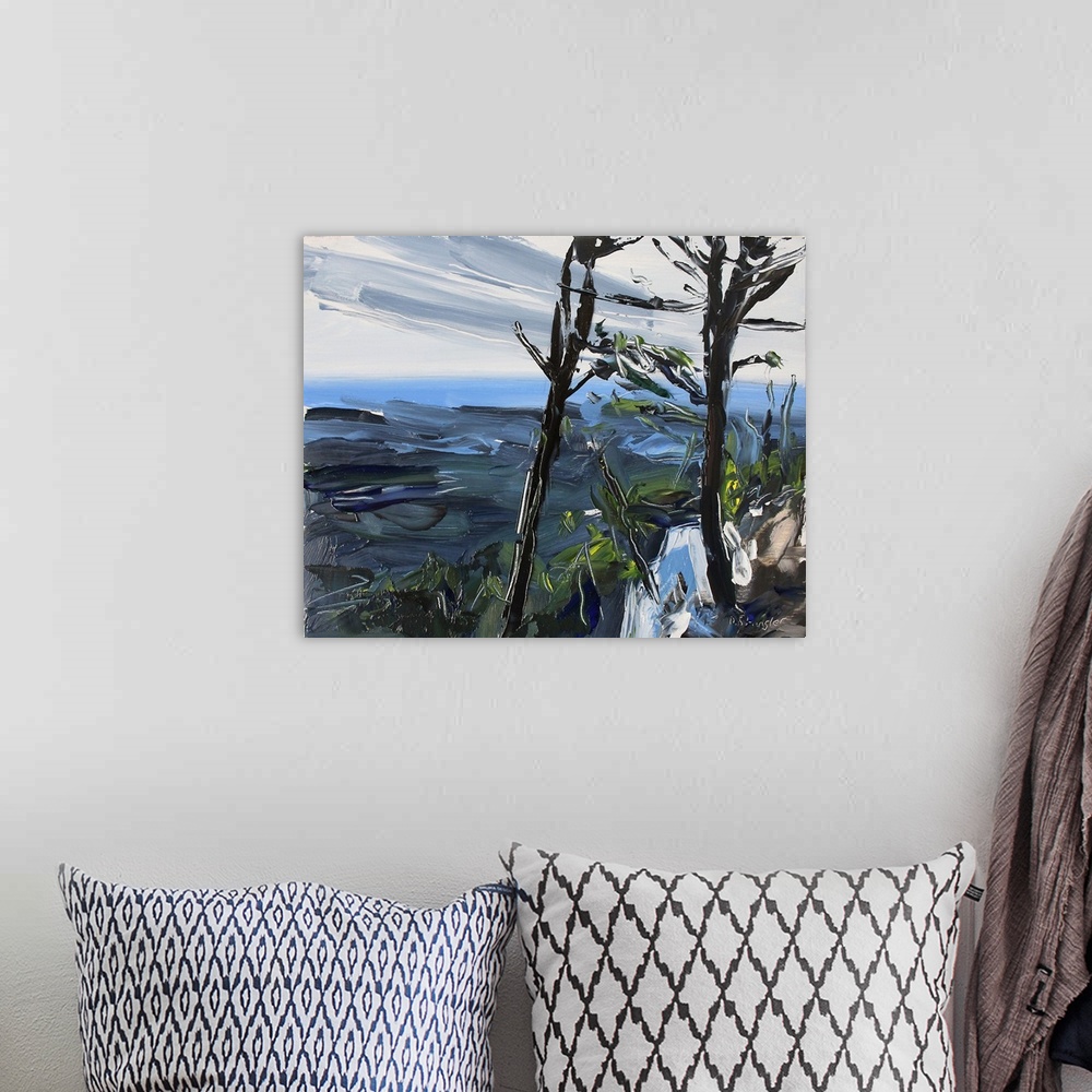 A bohemian room featuring Contemporary palette knife painting of the scenic view from Pilot Mountain, NC.