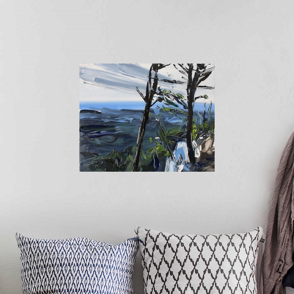A bohemian room featuring Contemporary palette knife painting of the scenic view from Pilot Mountain, NC.