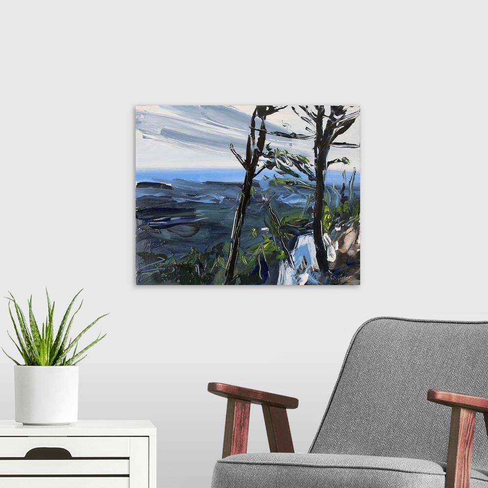 A modern room featuring Contemporary palette knife painting of the scenic view from Pilot Mountain, NC.