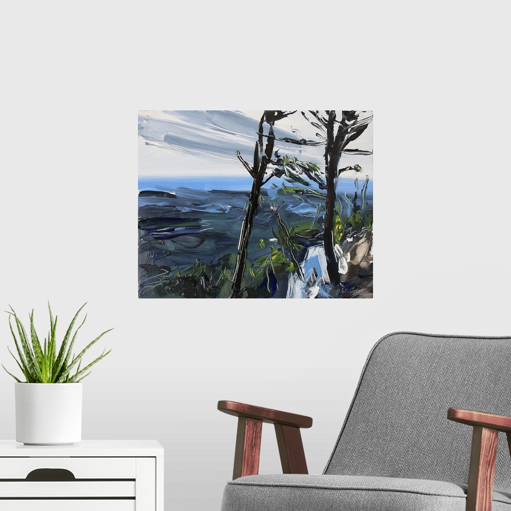 A modern room featuring Contemporary palette knife painting of the scenic view from Pilot Mountain, NC.