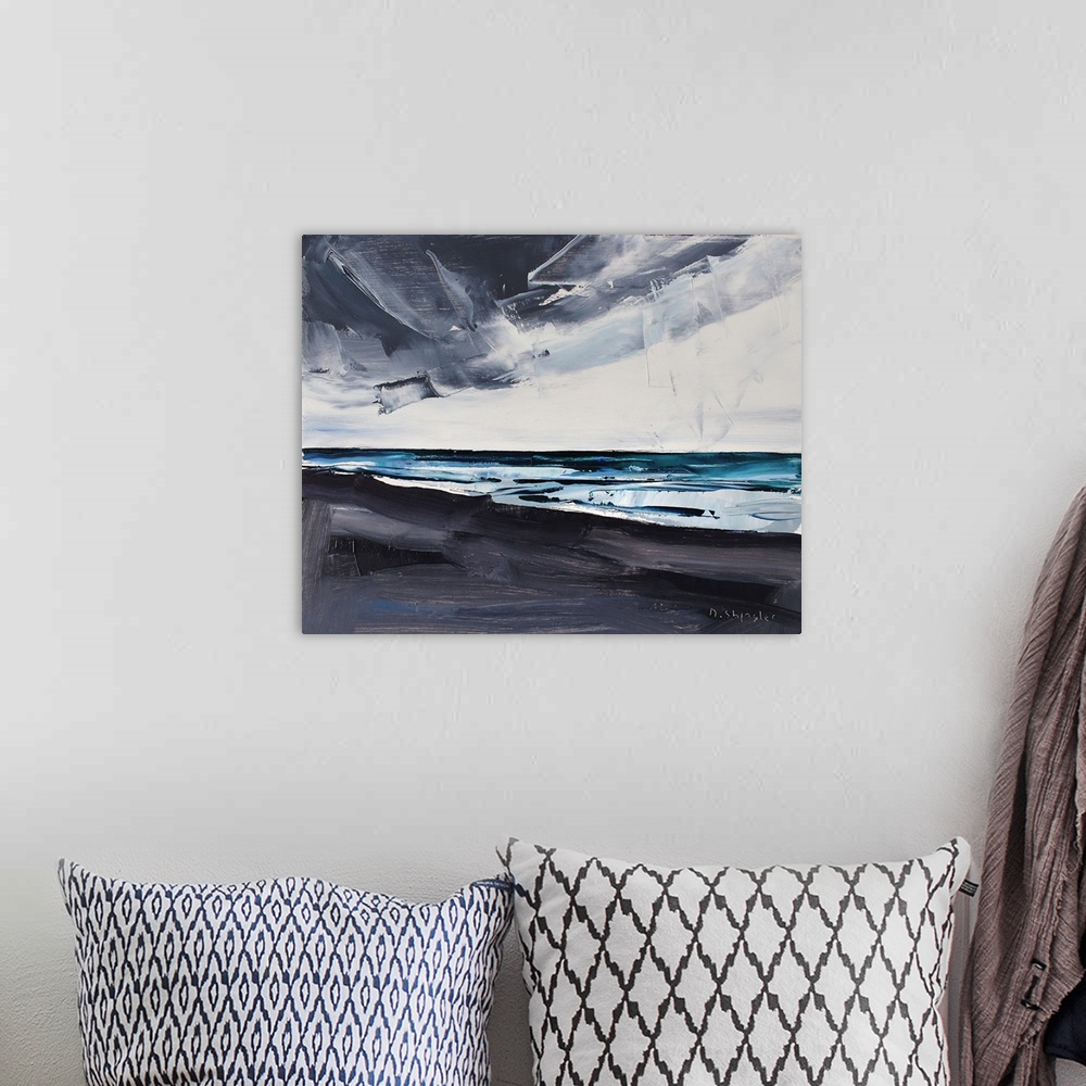 A bohemian room featuring Contemporary painting of a view starring out at the sea from a beach.