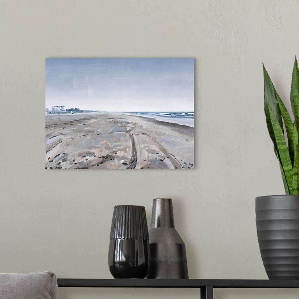 A modern room featuring Contemporary painting of a beach with tire tracks imprinted in the sand.