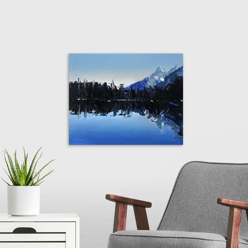 A modern room featuring Contemporary palette knife painting of trees surrounding Lake Marion with mountains in the backgr...