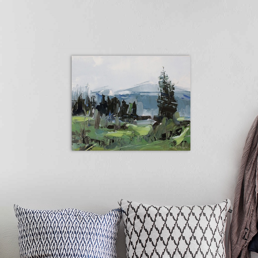 A bohemian room featuring Contemporary palette knife painting of a green valley under a gray sky in the Colorado Rocky Moun...