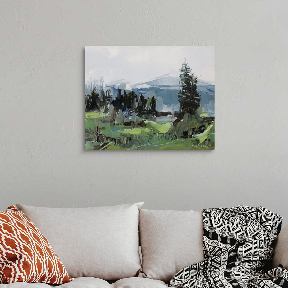 A bohemian room featuring Contemporary palette knife painting of a green valley under a gray sky in the Colorado Rocky Moun...