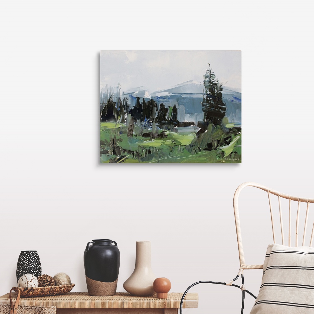 A farmhouse room featuring Contemporary palette knife painting of a green valley under a gray sky in the Colorado Rocky Moun...