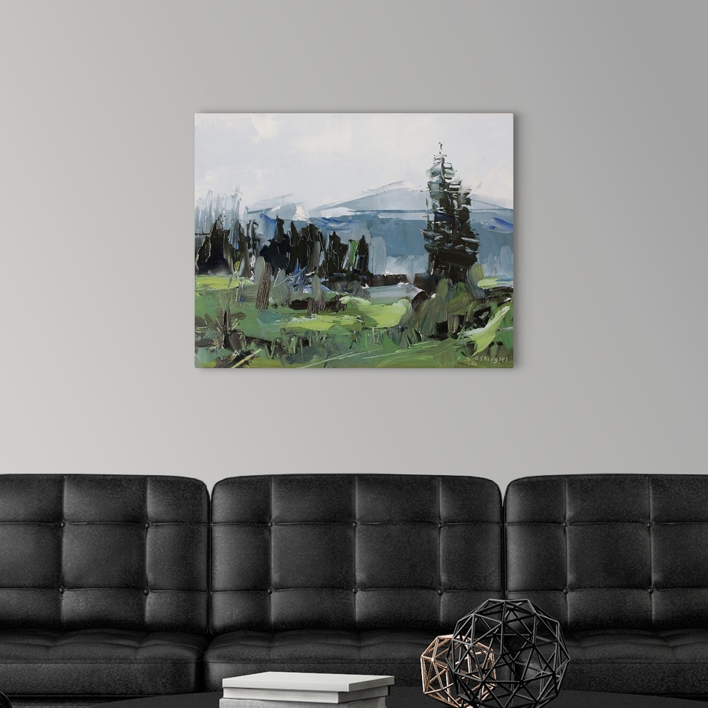 A modern room featuring Contemporary palette knife painting of a green valley under a gray sky in the Colorado Rocky Moun...