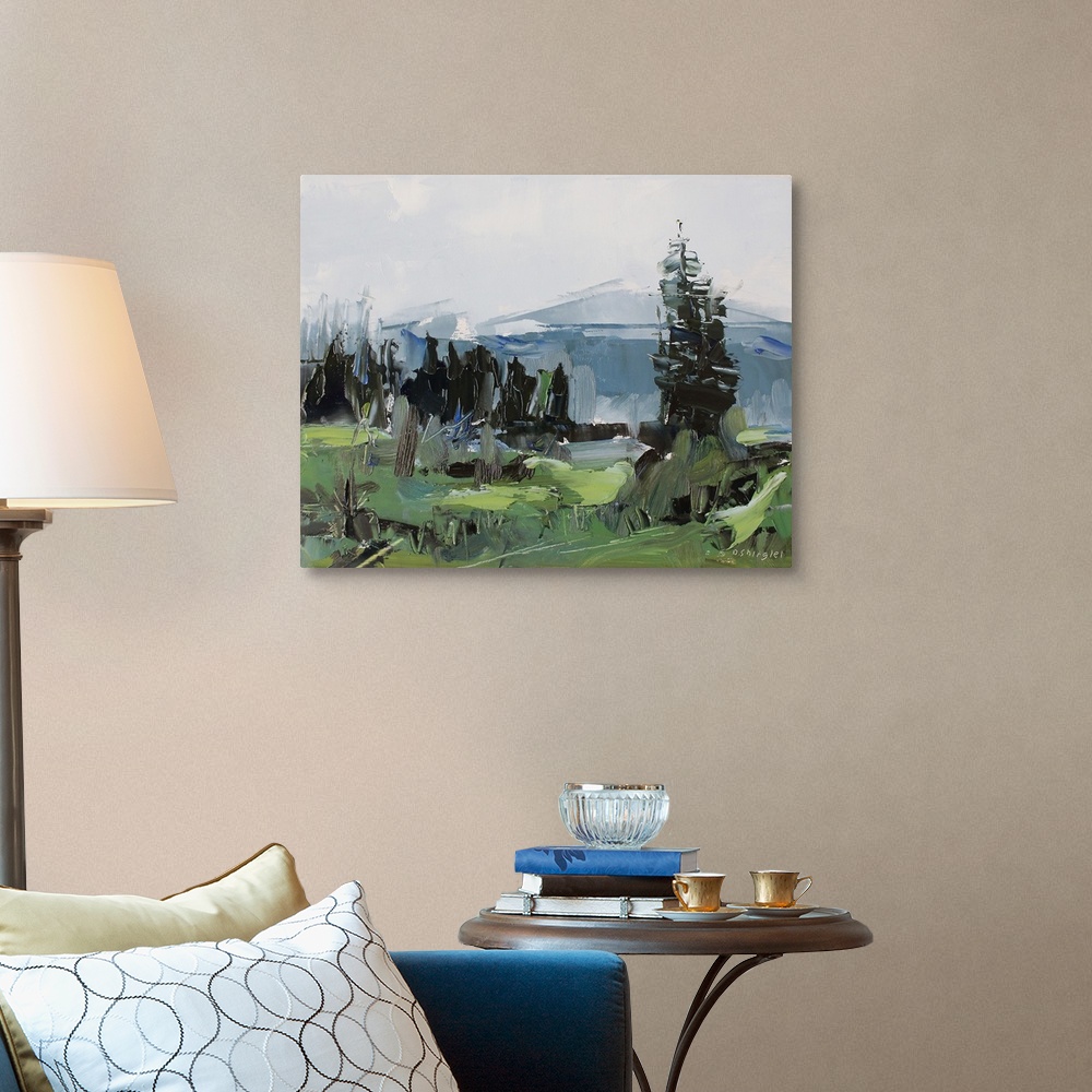 A traditional room featuring Contemporary palette knife painting of a green valley under a gray sky in the Colorado Rocky Moun...