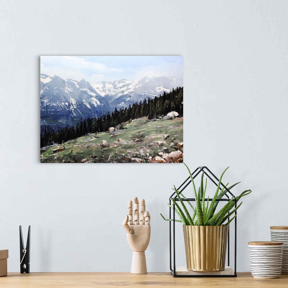 A bohemian room featuring Contemporary palette knife painting of a green valley under a blue sky in the Colorado Rocky Moun...