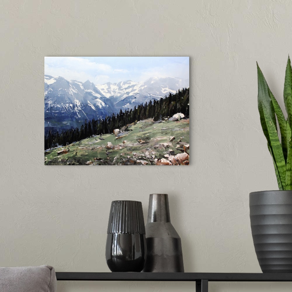 A modern room featuring Contemporary palette knife painting of a green valley under a blue sky in the Colorado Rocky Moun...