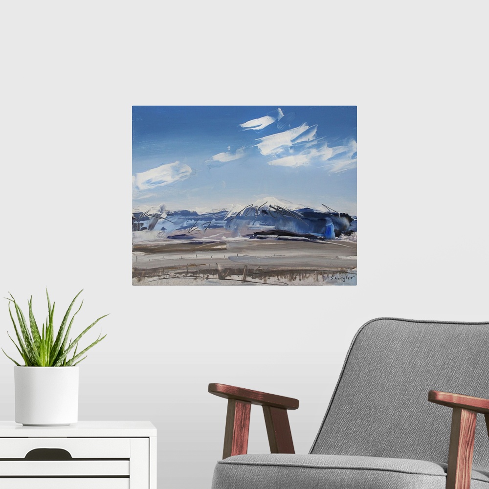 A modern room featuring Contemporary palette knife painting of a valley under a blue sky in the Colorado Mountains.
