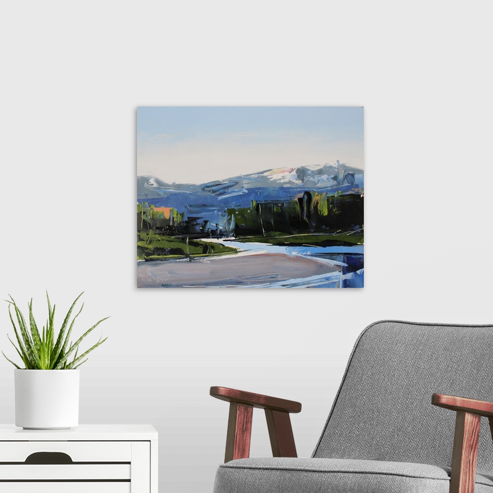A modern room featuring Contemporary palette knife painting of a green valley with a river running through it and mountai...