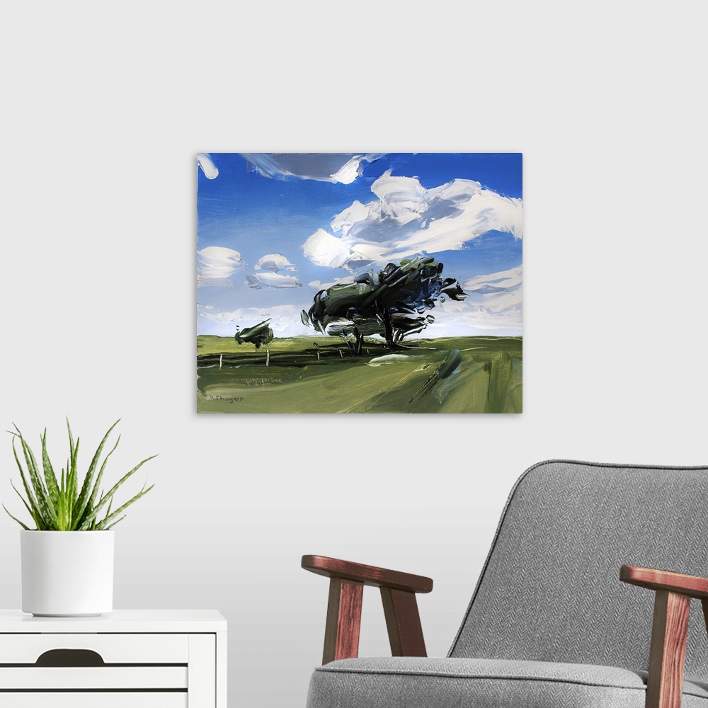 A modern room featuring A contemporary painting of a green field with trees under a sky filled with gray clouds.