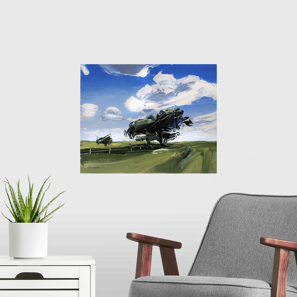 A modern room featuring A contemporary painting of a green field with trees under a sky filled with gray clouds.