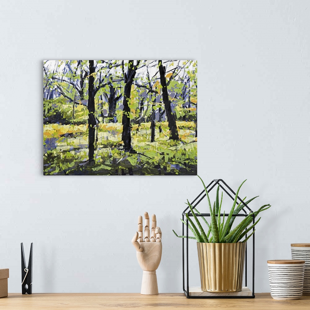 A bohemian room featuring Contemporary painting of a forest in spring time.