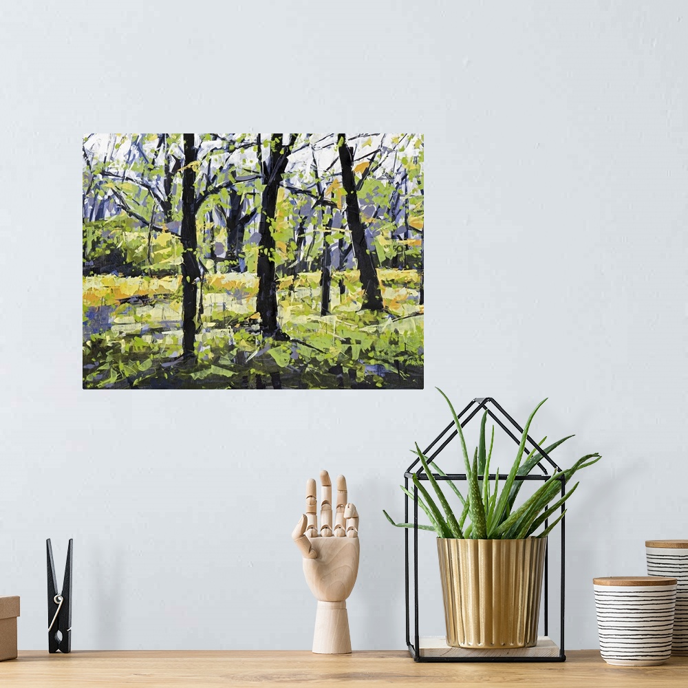A bohemian room featuring Contemporary painting of a forest in spring time.