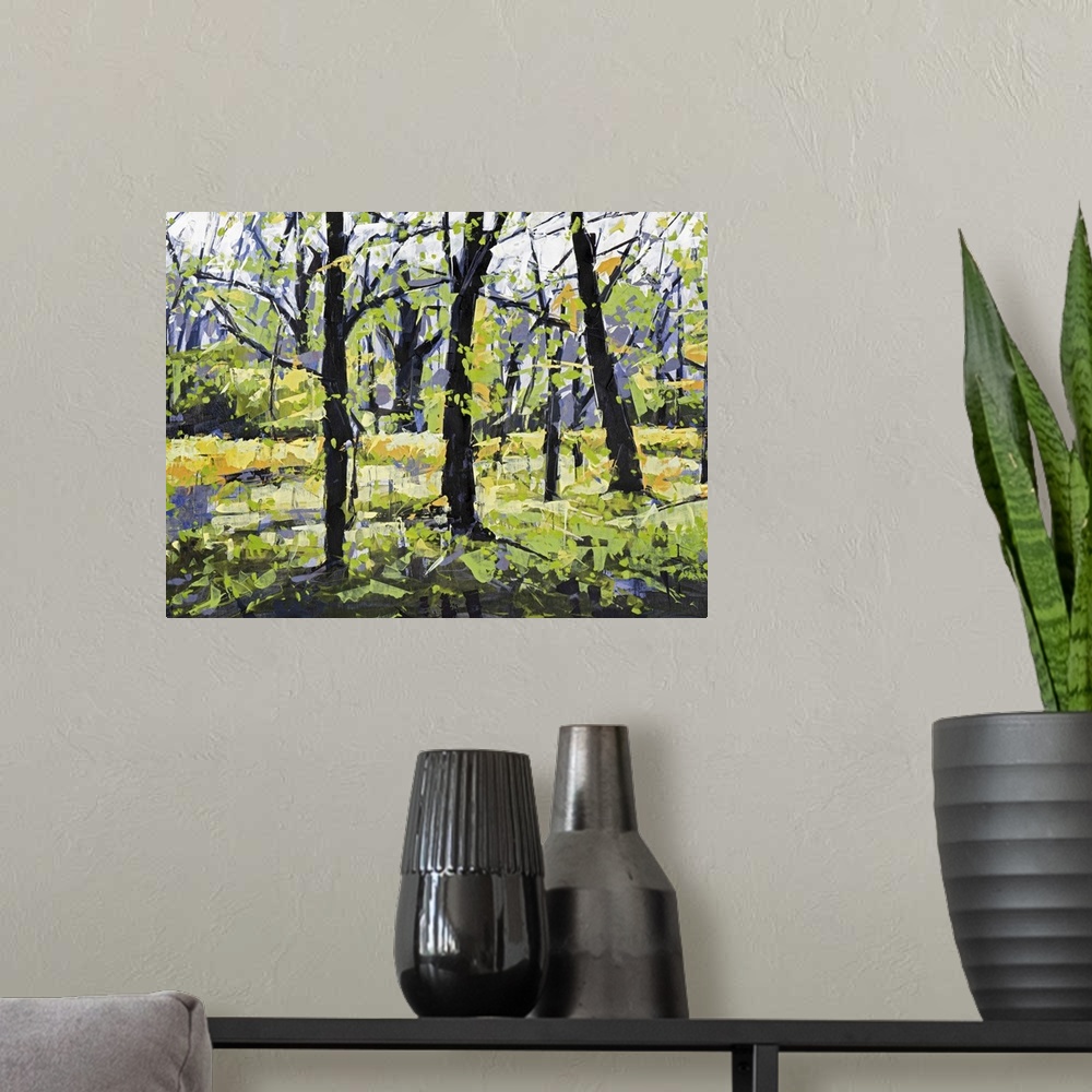 A modern room featuring Contemporary painting of a forest in spring time.