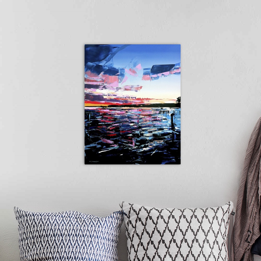 A bohemian room featuring Contemporary palette knife painting of a sunset over the ocean in vibrant colors.