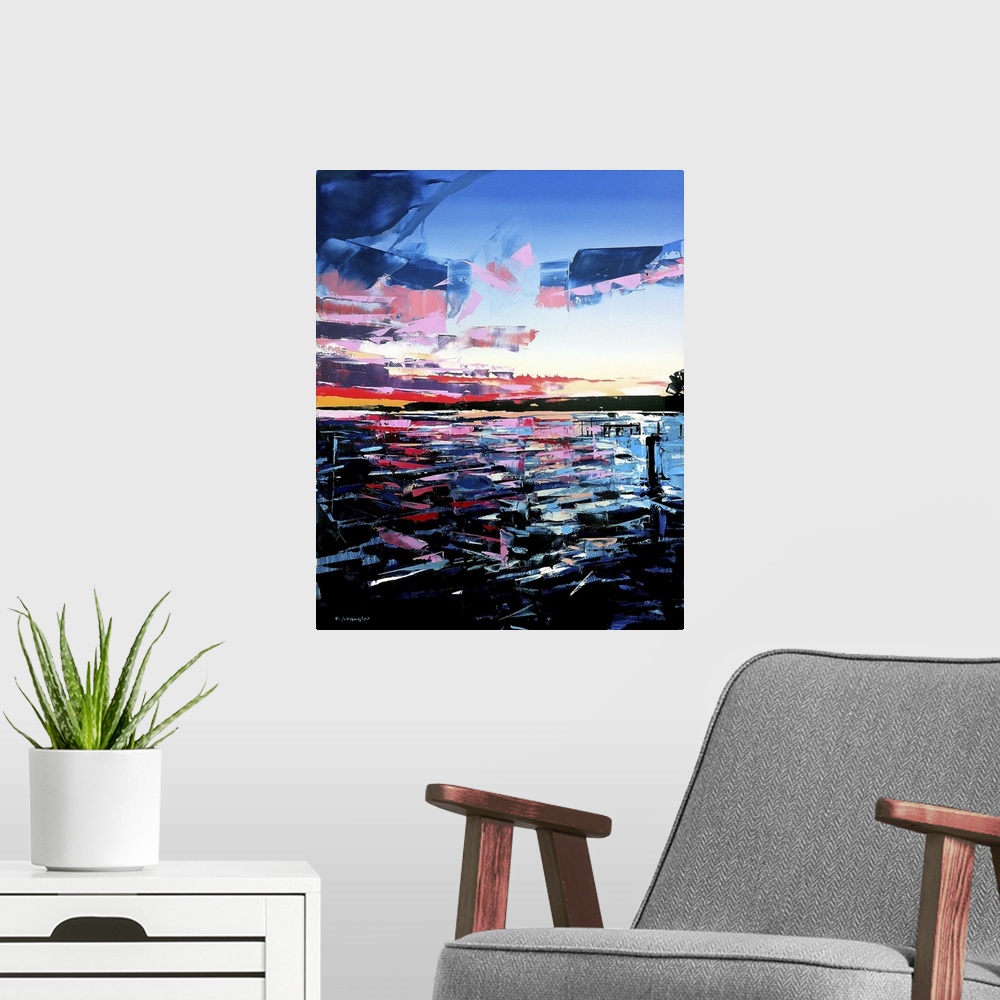 A modern room featuring Contemporary palette knife painting of a sunset over the ocean in vibrant colors.