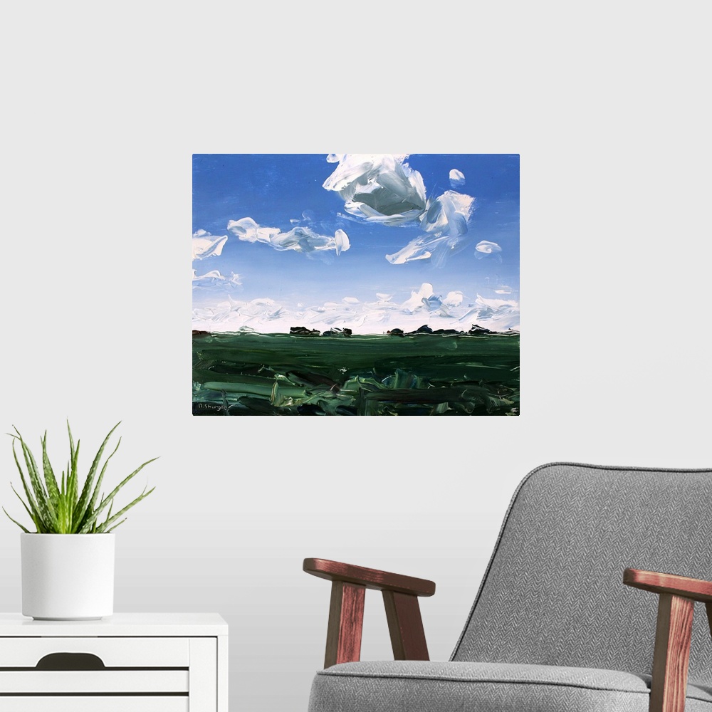 A modern room featuring A contemporary painting of a green field under a sky filled with gray clouds.