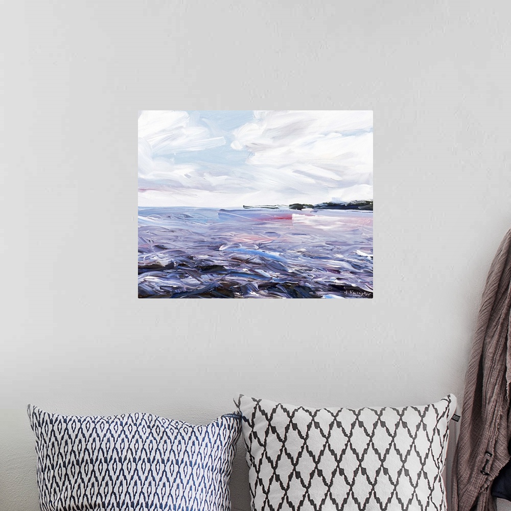 A bohemian room featuring Contemporary painting of a sound under a cloudy sky.