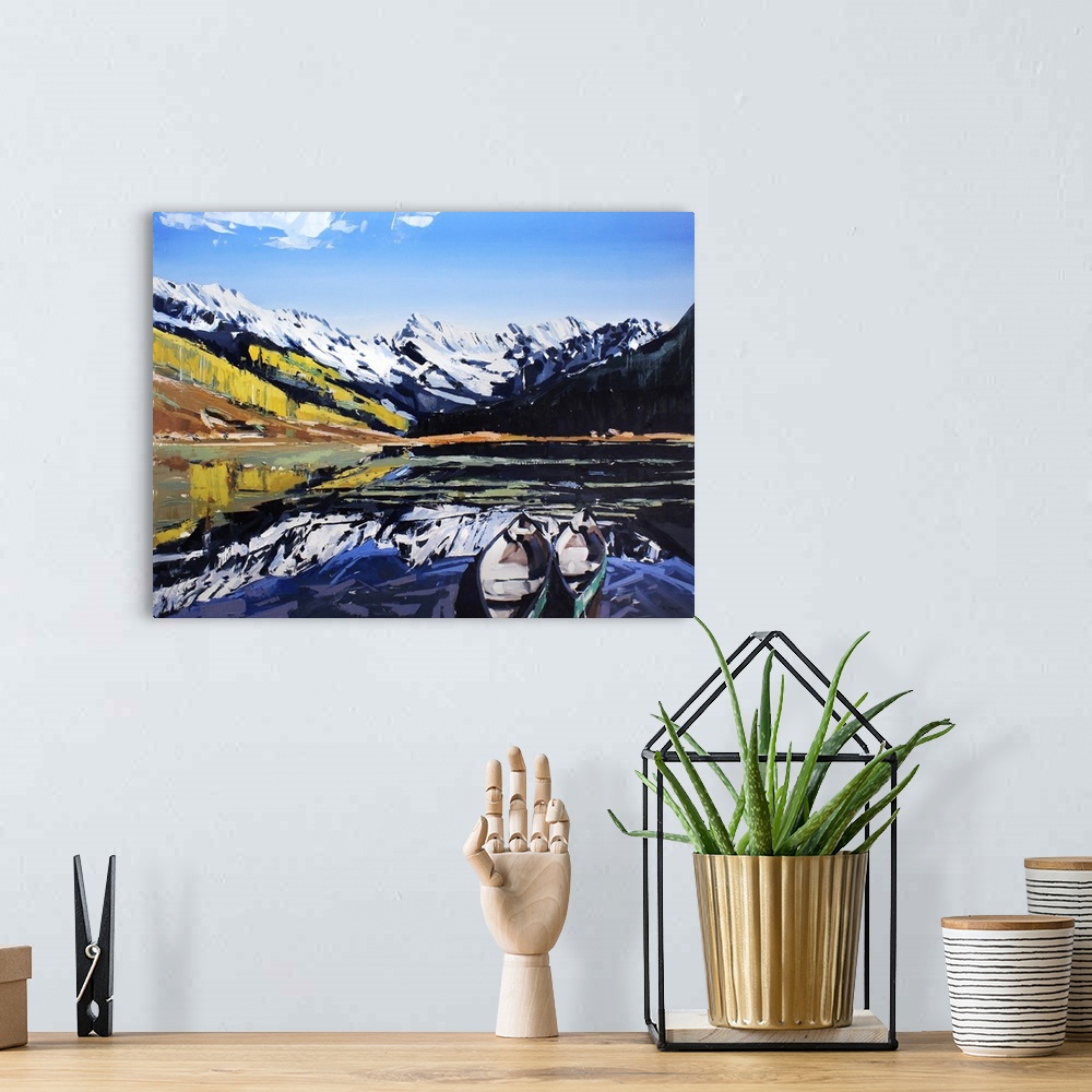 A bohemian room featuring Contemporary palette knife painting of a lake with a canoe, with snow covered mountains reflectin...