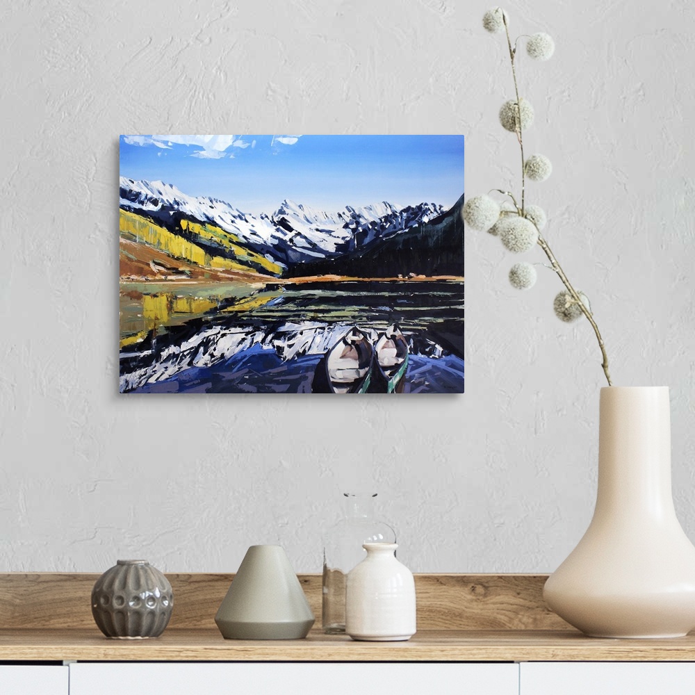 A farmhouse room featuring Contemporary palette knife painting of a lake with a canoe, with snow covered mountains reflectin...