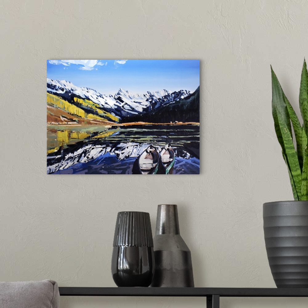 A modern room featuring Contemporary palette knife painting of a lake with a canoe, with snow covered mountains reflectin...