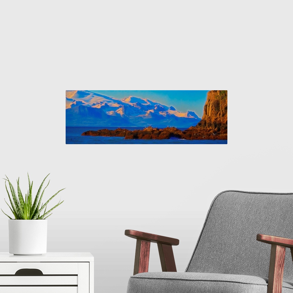 A modern room featuring Digital photo art of sunset over the mountains in Katmai National Park, Alaska.
